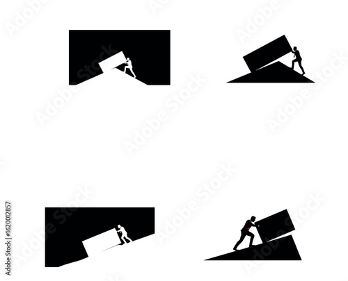 Businessman Pushing Block Uphill Silhouette – Perseverance and Determination Vector

