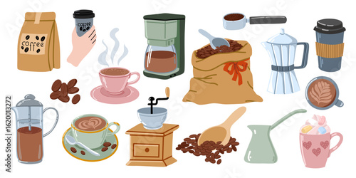 Flat vector illustration of a hand drawn set of coffee themed elements, including a various cups, paper cup, coffee maker, cezve, grinder and more. Perfect for cafe, menu, or coffee packaging design