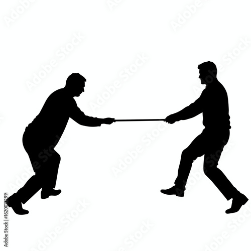 Two men silhouettes engaged in tug of war competition. Men pull rope with strength and determination. Dramatic silhouette image perfect for illustrating competition, teamwork, or struggle.