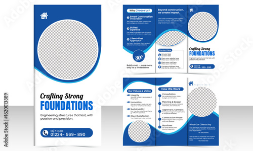 Professional clean modern and creative Construction three fold brochure template design, bifold brochure editable layout design with mockup.
