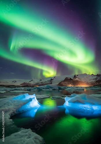 Spectacular Aurora Borealis Over Jökulsárlón Glacier Lagoon, Iceland