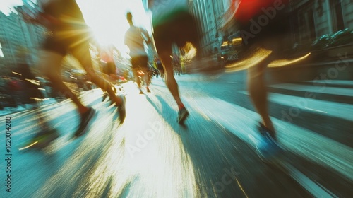 Dynamic Motion of Runners on City Street During Morning Light