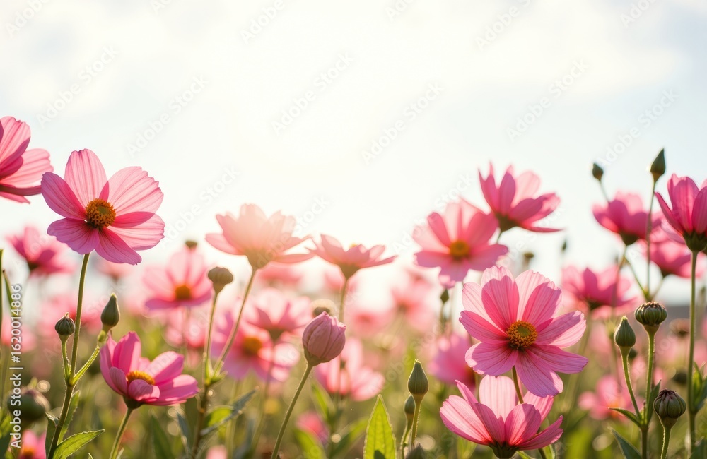Fototapeta premium Pink cosmos flowers blooming in a sunny field with a bright sky background