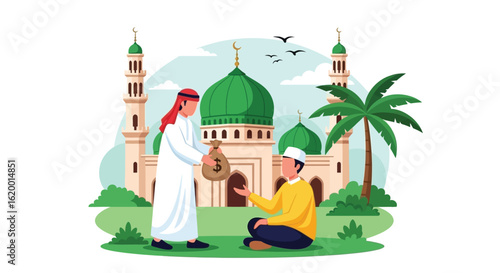 Charity and Generosity in Islam - Helping the Needy in Front of a Mosque