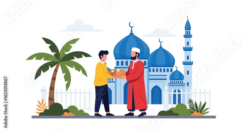 Charity and Generosity in Islam - Helping the Needy in Front of a Mosque