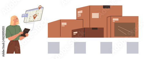 Woman using a digital device and map with location markers, overseeing stacked brown boxes signifying logistics, delivery, and planning. Ideal for e-commerce, business, technology, supply chain