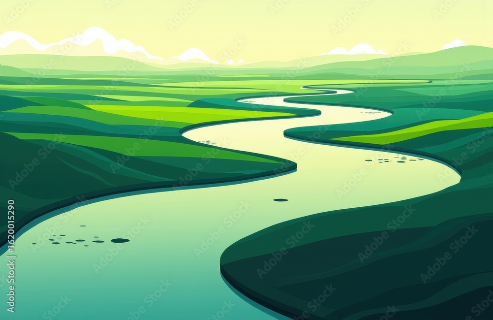 Obraz premium A winding river flows through lush green fields in a peaceful landscape scene