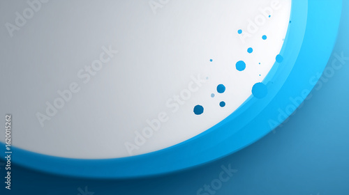 A vibrant abstract background featuring a sweeping blue curved shape with a clean white inner space, accented by small blue droplets or particles.