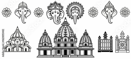 Ganesh Chaturthi, also known as Vinayaka Chaturthi, a detailed vector collection of traditional Indian temple architecture and Ganesha line art with cultural motifs and ornamental design elements