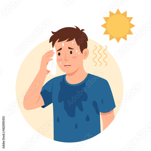 Man wiping sweat with napkin. Guy sweating a lot.  Boy with sweaty clothes. Vector illustration