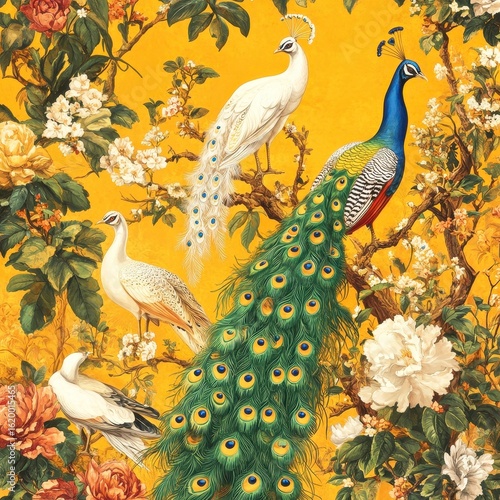 Colorful peacocks and white birds perched on blooming flowers branch