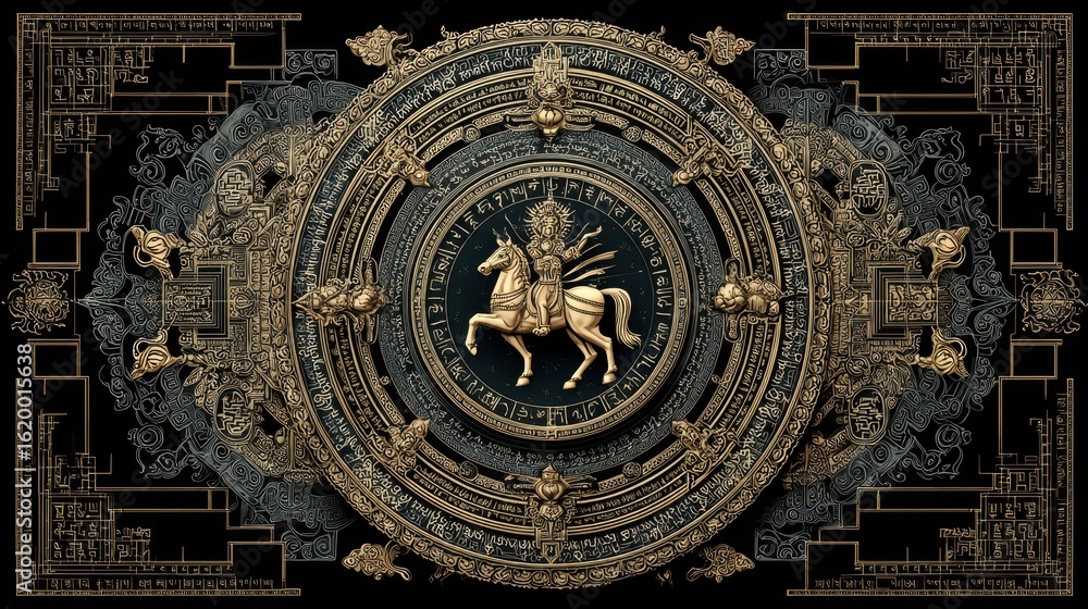 Obraz premium Intricate Gold and Black Mandala Featuring Mythical Horse Design