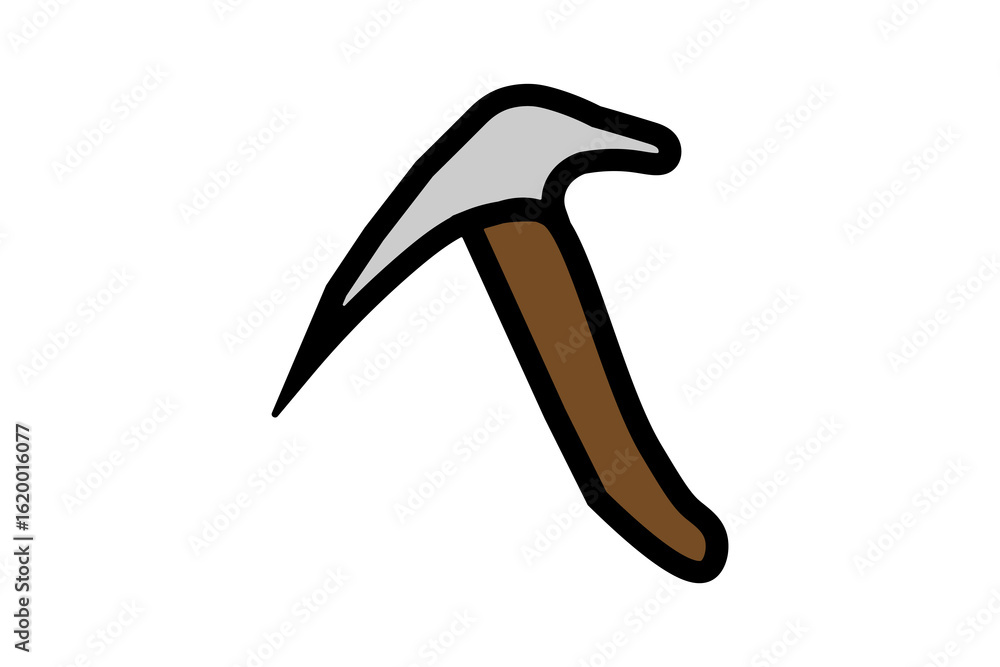 Fototapeta premium The pickaxe has a brown handle that curves slightly, and a light gray or silver head with a pointed end on the left and a wider, flatter end on the right.