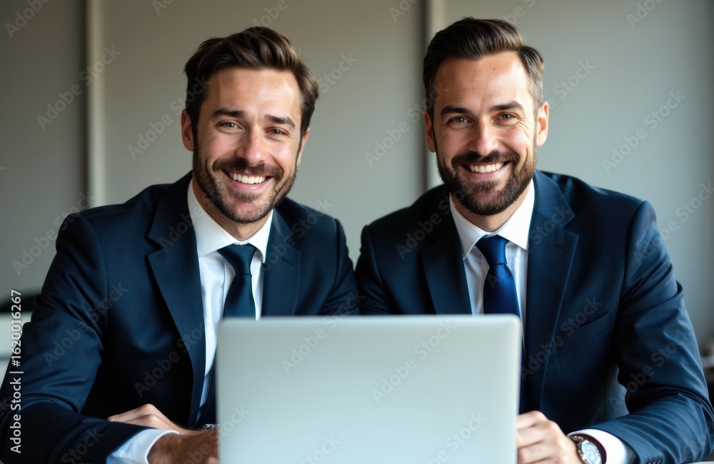 Two smiling businessmen in suits working together on a laptop in a modern office setting Two smiling businessmen in suits working together on a laptop in a modern office setting