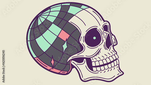 A stylized skull with a disco ball replacing the left side of its cranium featuring a retro color palette and bold outlines