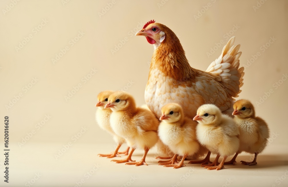 Fototapeta premium A mother hen with six fluffy chicks standing together on a neutral background
