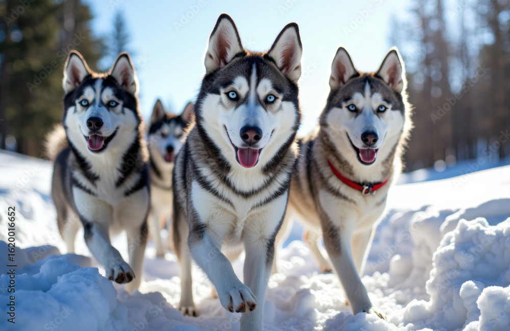 Naklejka premium Husky dogs running through snow in a winter landscape with trees in the background