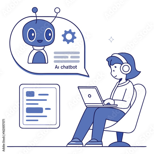 Illustration of a woman with headphones working on a laptop, imagining an AI chatbot with gears, symbolizing technology, support, and digital assistance.