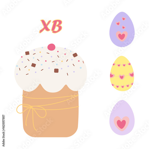 Easter Cake with XB lettering and Colorful Eggs with Hearts decorations Isolated Easter elements Set