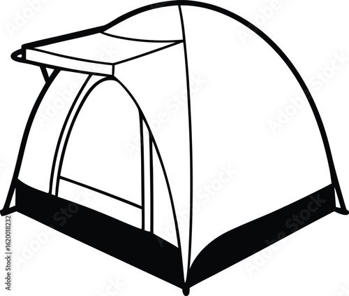 Camping Tent Silhouette Clip art, Black and White Line art Tent, Outdoor Adventure Vector Illustration.