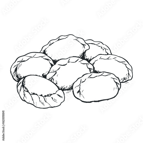 Black and white sketch of traditional empanadas in a pile. Vector illustration