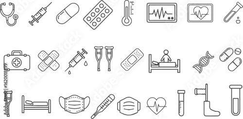 Medical Line Icons – Stethoscope, Syringe, Pill, Heartbeat, Bandage, Thermomete