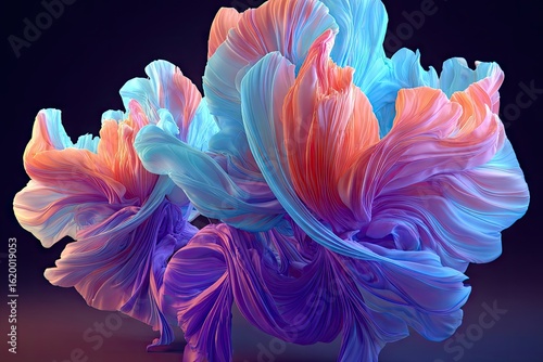Abstract, vibrant, flowing fabrics in hues of blue, pink, and orange, forming dynamic, swirling shapes against a dark background