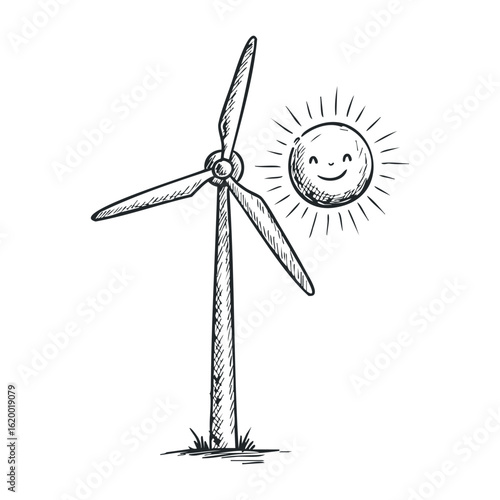 Hand-drawn wind turbine and smiling sun illustration. Vector illustration