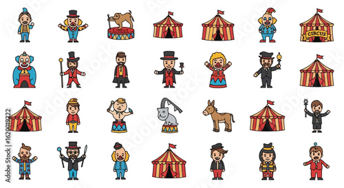 Vector illustration of collection of circus characters and elements