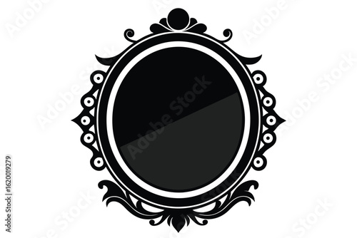 Ornate Black Oval Frame with Floral Elements and Central Dark Gray Infill