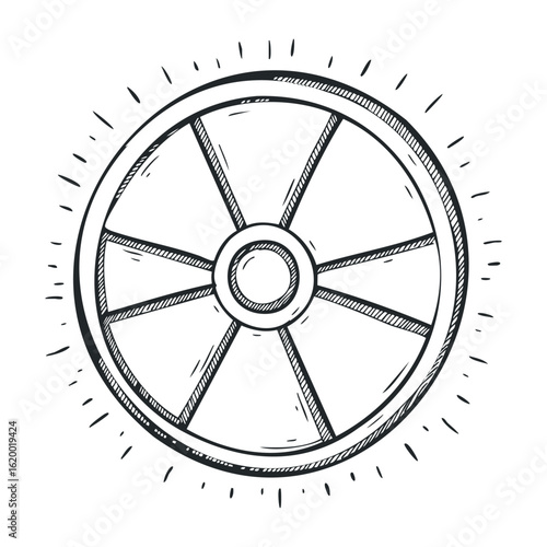 Hand-drawn vintage wagon wheel with detailed spokes and circular design. Vector illustration