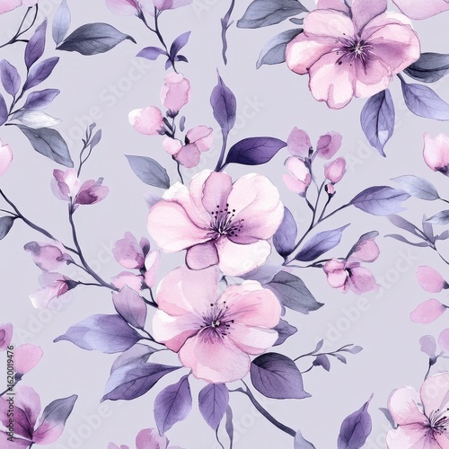 Delicate Floral Pattern with Light Purple Flowers and Green Leaves