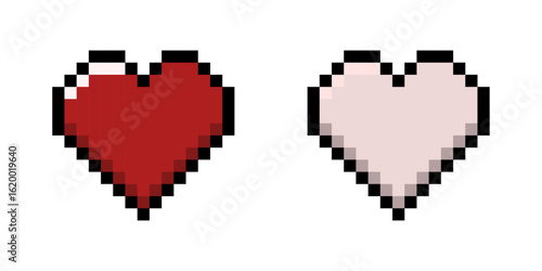Pixel art heart icon pair in red and pink shades, red and pink heart icons for retro games, 8 bit, pixel art.