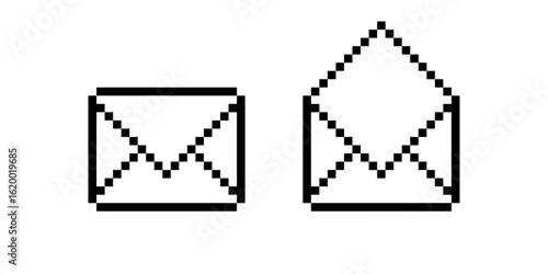 Pixel icons of closed and open envelopes for retro games, 8 bit, pixel art.