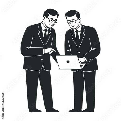 Two caucasian adult males discussing a project on laptop, wearing suits and glasses. Vector illustration