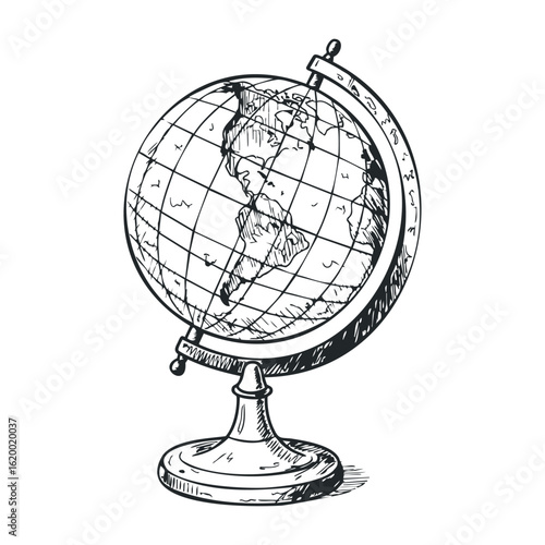 Handcrafted globe sketch on stand with world map outline. Vector illustration