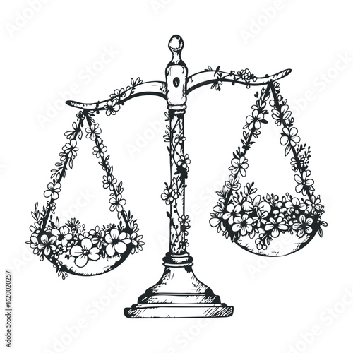 Floral balance scale illustration with blossoms on scales. Vector illustration