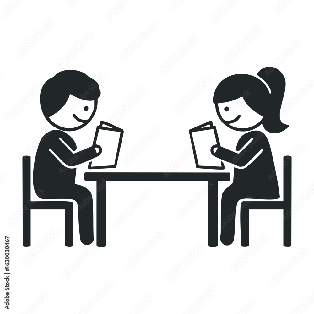 Male and female adults reading books at a table clipart. Vector illustration Male and female adults reading books at a table clipart. Vector illustration