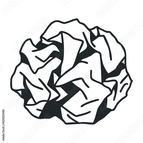 Crumpled paper ball with artistic linework and bolding outline details. Vector illustration