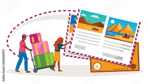 People moving luggage on a cart with postcards of beach and desert scenes in a large envelope
