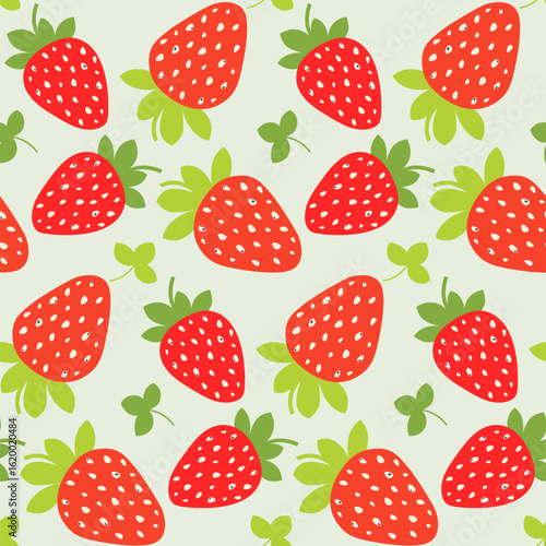 Red strawberries with green leaves on a light background. Seamless pattern.
