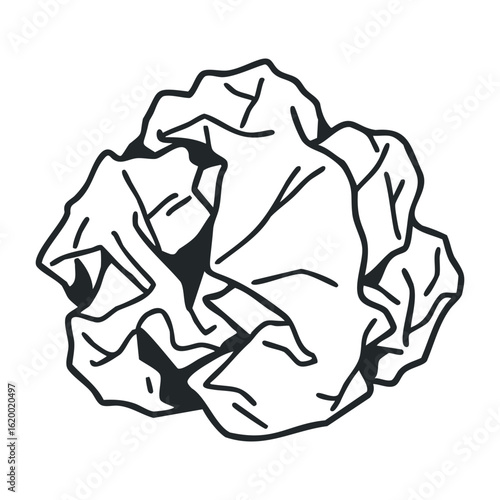 Crumpled paper ball illustration in black and white line art style. Vector illustration