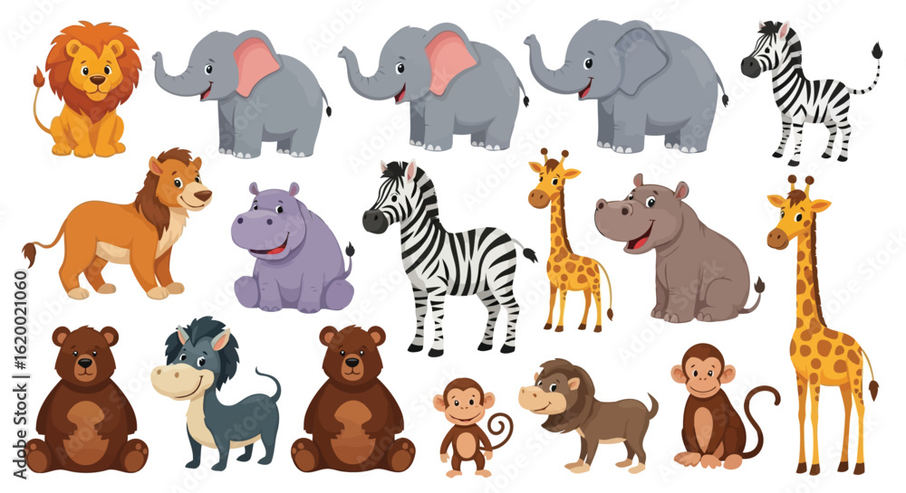 Fototapeta premium Vector illustration of group of cute cartoon wild animals isolated on white background