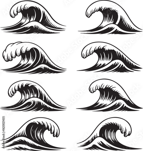 Stylized ocean waves in black and white water surf