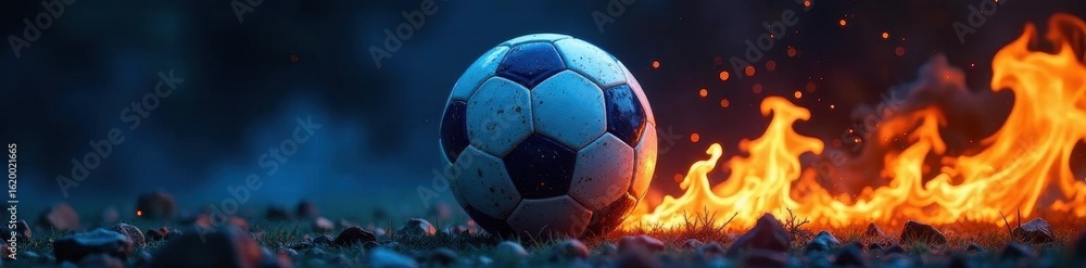 Naklejka premium Burning blue football against black, intense fire, fire, blaze