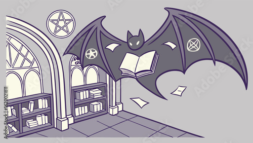 A mystical bat hovers over bookshelves in a gothic library holding an open book and surrounded by arcane symbols and floating papers