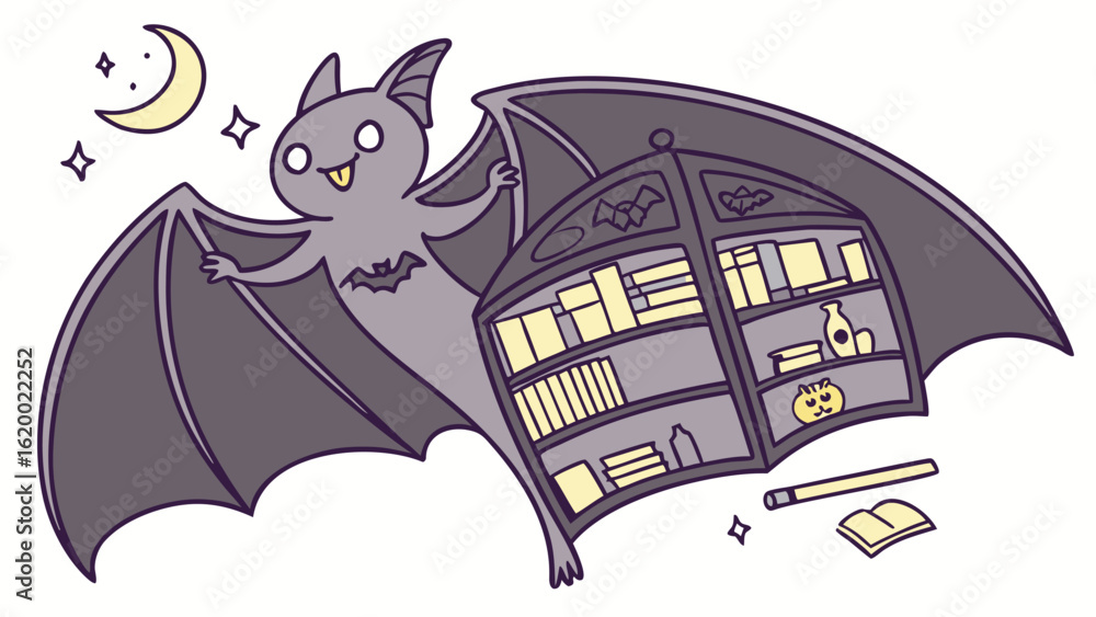 Fototapeta premium A cute cartoon bat character holding a bookshelf filled with books and halloween decorations under a crescent moon and stars