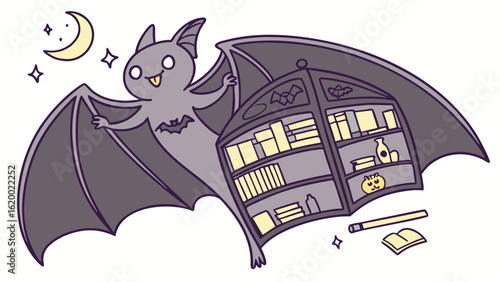 A cute cartoon bat character holding a bookshelf filled with books and halloween decorations under a crescent moon and stars