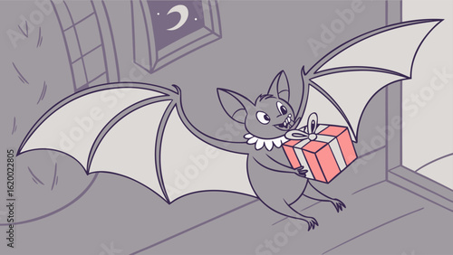 A cheerful cartoon bat with large wings and a festive collar flies through a dimly lit room holding a wrapped gift