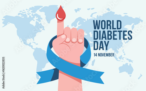 Illustration of world diabetes day with hand, blood drop, and blue ribbon